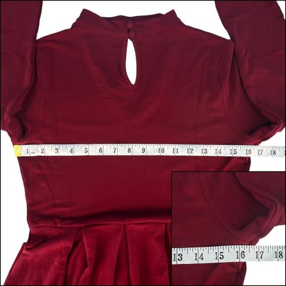 Burgundy Choker Collar Drop Waist Tunic Dress Pleated With Pockets Size Small - Picture 9 of 11